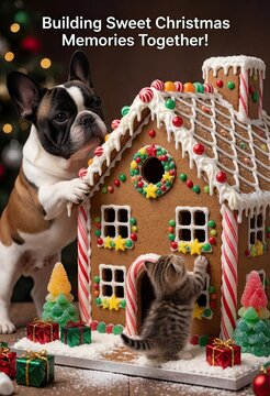 Cute dog and cat playfully explore festive gingerbread house decorated with candy