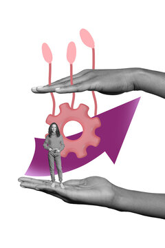 Trendy art creative vertical photo collage of happy businesswoman stand arrow development pointer hands show gears optimization