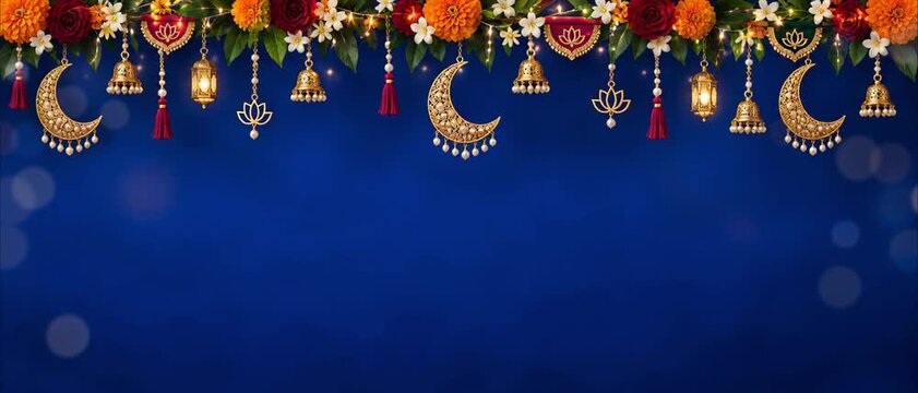 Crescent moon charms with bells marigold rose toran for karwa chauth, blue copy space below an ornate gold festive border