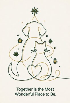 Together cat and dog form heart shape under starry tree