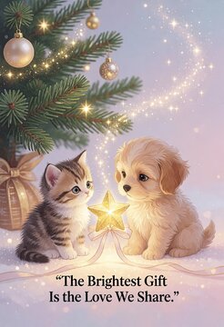 Cute kitten and puppy share love under glowing Christmas tree with star