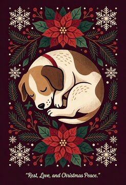 Sleeping dog curled up cozy in festive holiday wreath with snowflakes and poinsettias.