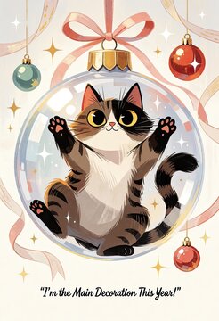 Cute cat inside glass ornament with holiday decorations around