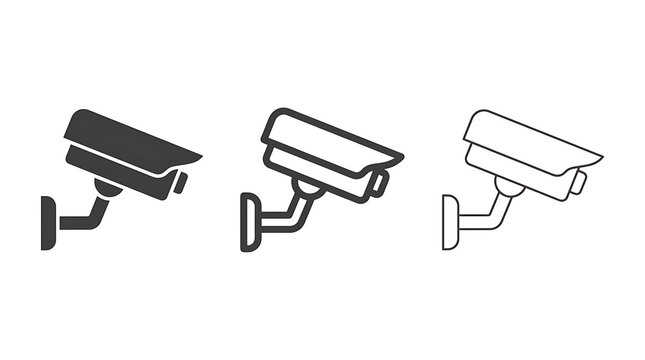 Three security camera icons isolated on transparent background in different graphic styles