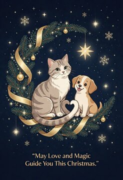 Cute cat and dog sitting together under starry Christmas tree wreath