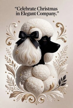 Elegant poodle celebrates Christmas with festive bow and ornate decorations