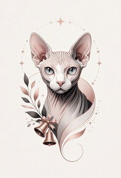 Sphynx cat with elegant swirls and bells in soft pastel tones