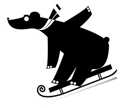Cute bear rides on sledge in warm clothes like hat and scarf. Black and white