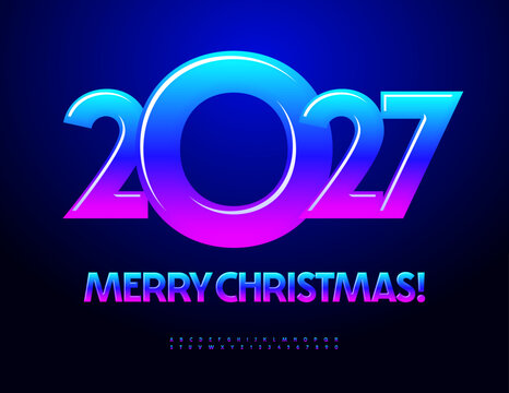 Vector Trendy Greeting Card Merry Christmas 2027! Awesome Colorful Font. Bright Glossy Alphabet Letters and Numbers set.