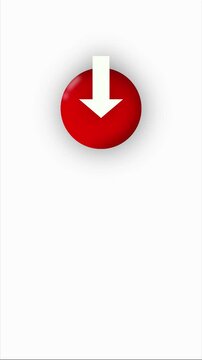 Animated 3D down arrow icon in red circle for download button, on white background, 4K loop video