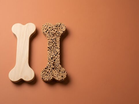 Wooden and cork dog bone cutouts contrasting textures on neutral background
