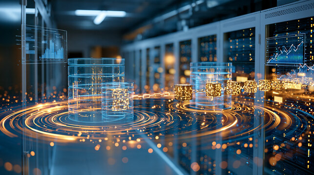 Data warehouse and sql analytics concept in a bright data center white server racks along a clean aisle translucent overlay of database cylinders blockchain cubes linked in