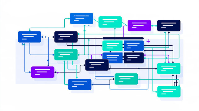 Normalized database design architecture diagram in a flat illustration several small tables split from one large table and linked by key lines interconnected data structure