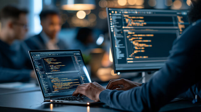 Unrecognizable software developer typing program code and sql database queries over the shoulder view of a desktop display and a laptop with code a multiethnic team