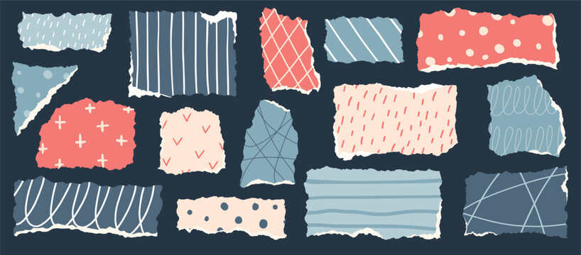 Torn paper pieces with stripes, dots, hearts, and grids in coral and blue. Suitable for scrapbooking, greeting cards, posters, and promotional designs.