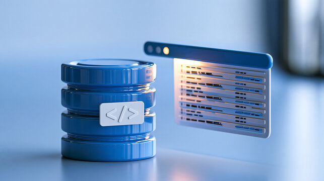 Structured query language concept in a clean 3d render blue database cylinder with a white angle bracket code badge and a floating query panel of table rows beside it soft blue