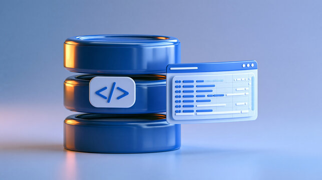 Structured query language concept in a clean 3d render blue database cylinder with a white angle bracket code badge and a floating query panel of table rows beside it soft blue