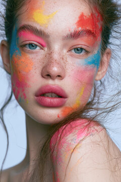stunning young woman with freckles and vibrant colorful powder paint smeared across her face artistic beauty portrait with gorgeous blue eyes, expressive makeup styling for creative fashion concepts