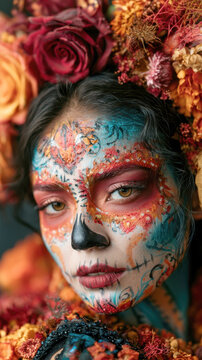stunning young woman wearing traditional mexican day of the dead makeup intricate sugar skull face art and an elaborate floral crown with vibrant autumn roses for a cultural celebration portrait