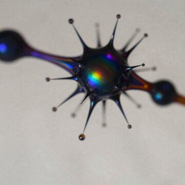 close spherical object multiple spikes protruding its surface object appears multiple colors including blue purple green orange spikes arranged symmetrical pattern largest spike top smallest bottom