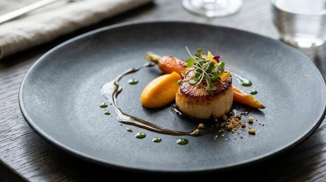 Elegant Gourmet Presentation With Seafood And Vegetables On Plate.