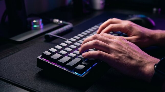 Hands typing on sleek modern MIDI keyboard controller.