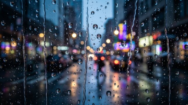 Urban Cityscape Reflections Through Rainy Window.
