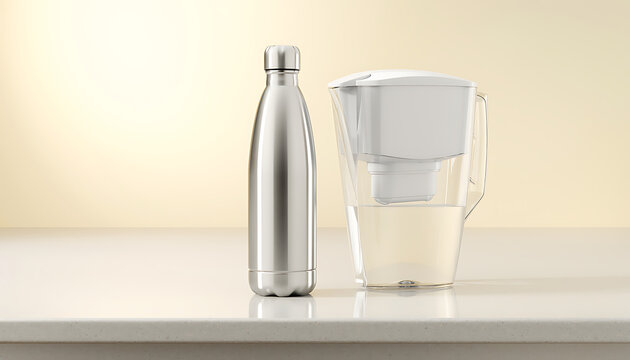 Stainless Steel Reusable Water Bottle and Water Filter Pitcher on Counter