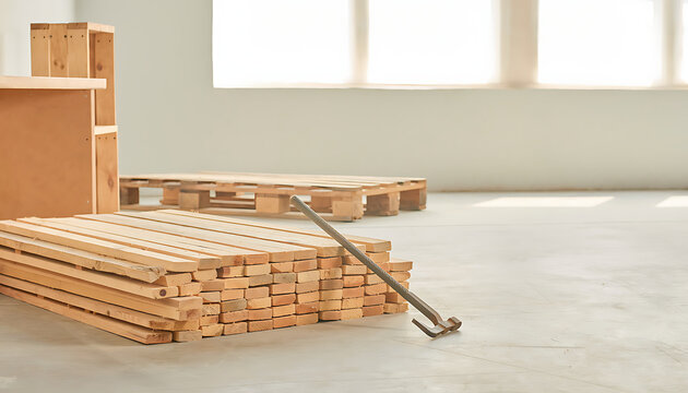 Stack of Lumber and Wooden Pallets inside Empty Industrial Warehouse Interior