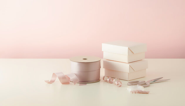 Pastel Pink Gift Boxes with Silk Ribbon Roll and Scissors on Light Table