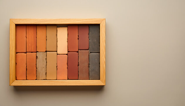 Assorted Colorful Ceramic Brick Samples Displayed in Wooden Frame on Surface