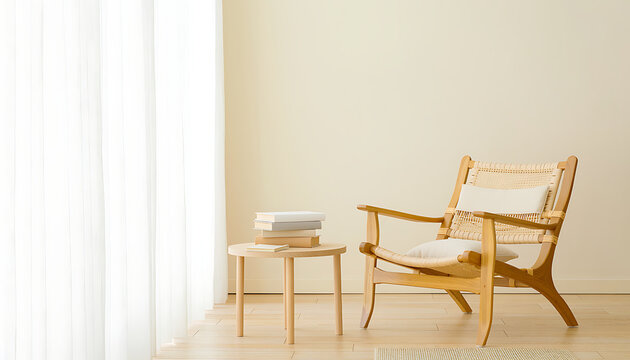 Minimalist Wooden Armchair and Round Side Table With Books Near Curtain