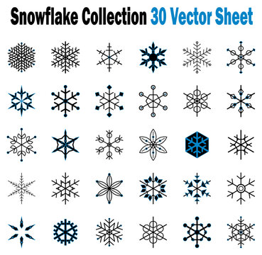 Comprehensive vector illustration collection featuring thirty unique snowflake graphic elements in black and blue colors presented neatly on transparent background