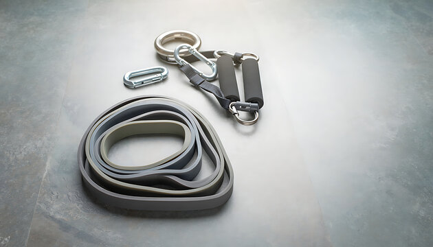 Fitness Resistance Bands and Carabiner Clips on Textured Surface