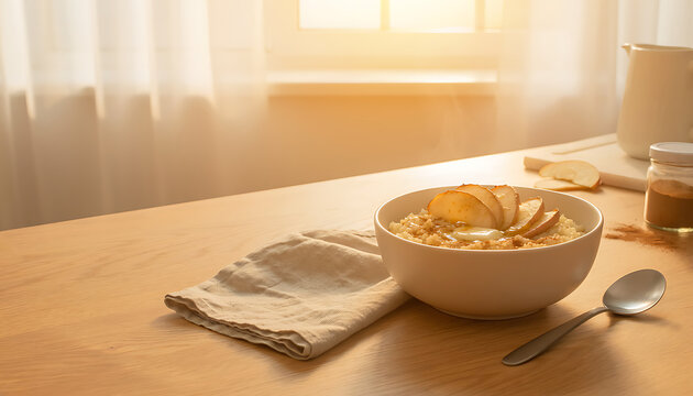 Warm Morning Oatmeal Bowl Topped with Sliced Apples and Honey