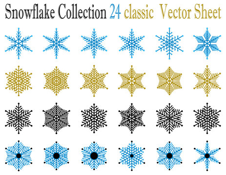 Decorative snowflake collection vector sheet featuring twenty four classic intricate designs rendered in various colors isolated on transparent background