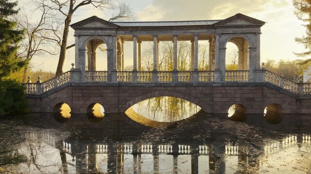 The elegant Marble Bridge reflects across calm water in Catherine Park, Pushkin, Russia. Warm golden sunlight illuminates the stone arches, inspiring peaceful, majestic feelings.