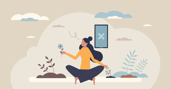 Digital detox, a woman meditates outdoors, turning from a phone with an X to a simple flower, symbolizing mindful balance and screen-free calm in nature. Tiny style