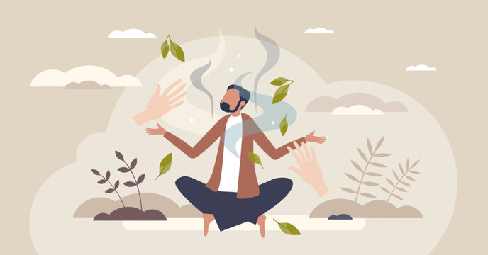 Somatic Therapy V3 depicts mind body healing as a meditating man with floating leaves and guiding hands, symbolizing breath, balance, and calm. Tiny style