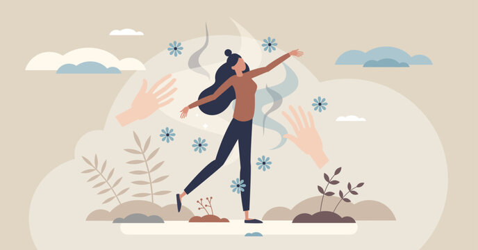 Somatic therapy healing shown as a woman moving freely with supportive hands and flowers, symbolizing calm body-mind regulation and gentle touch. Tiny style