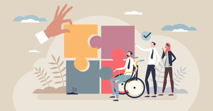 Inclusive workplace teamwork illustrated with puzzle pieces, a wheelchair user, and diverse colleagues collaborating to fit solutions and belong. Tiny style