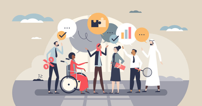 Internal communication teamwork illustrated through diverse colleagues exchanging ideas, key objects, speech bubbles, team members, charts symbolizing collaboration, feedback, and shared goals.