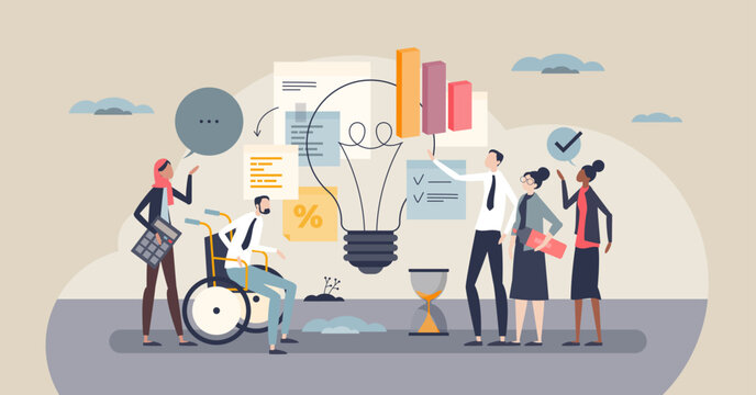 Brainstorming session v3 shows a diverse team sharing ideas around a giant light bulb, with charts and speech bubbles symbolizing collaboration and strategy. Tiny style