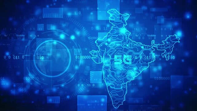 India 5G Network and Digital Transformation Futuristic Background, Digital map of India integrated with circuit patterns alongside streaming binary code data. 4K video