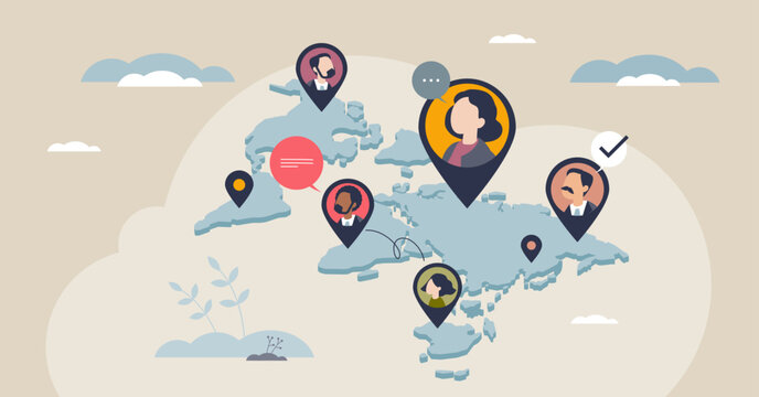 Intercultural communication illustrated on a world map, location pins, people avatars, and a chat bubble convey global dialogue and remote teamwork. Tiny style