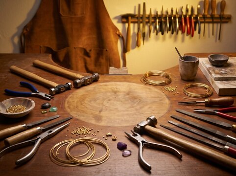 Artisan jeweler workspace, golden wire, precious metal sheets, and crafting pliers framing blank central copy space for bespoke jewelry branding and craftsmanship workshop poster
