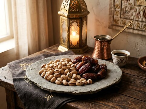 Ramadan iftar with dates and pistachios near a lantern.