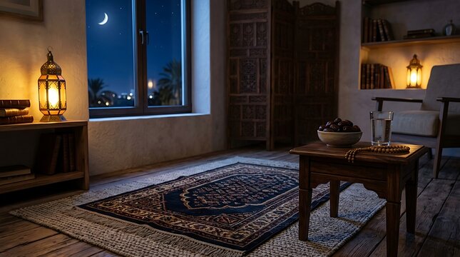 Ramadan evening prayer room with dates water and lantern.