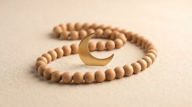 Islamic prayer beads with gold crescent moon charm on sand.