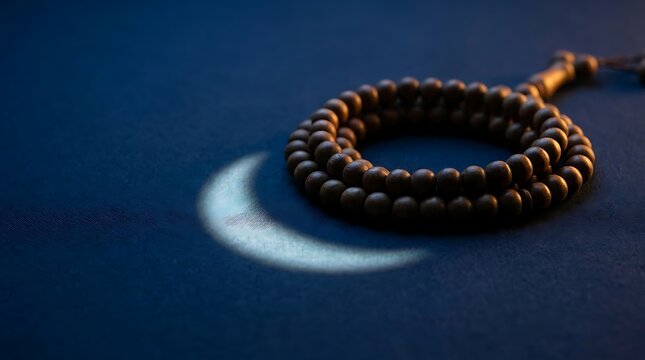 Dark prayer beads on blue surface with glowing crescent moon.